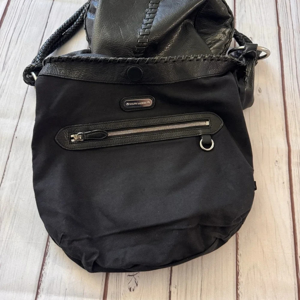 Ralph Lauren Black‎ Leather Braided Strap Hobo Shoulder Bag Whipstitch Rings
